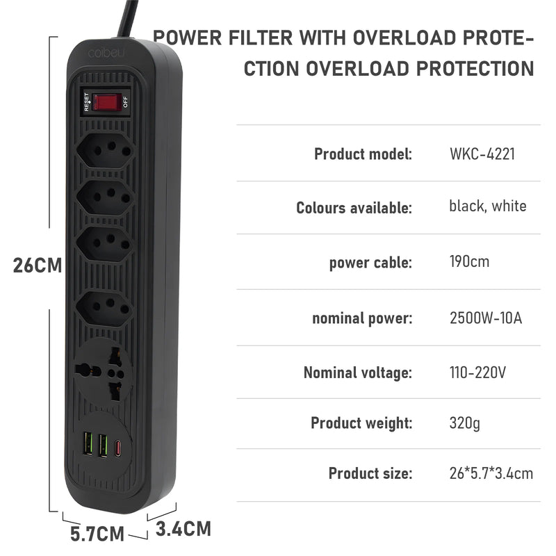 2M USB Socket Outlet, Line Filter, Plug, Extension Socket, Extensive Power Socket, Brazil Standard Retractable Socket Tower